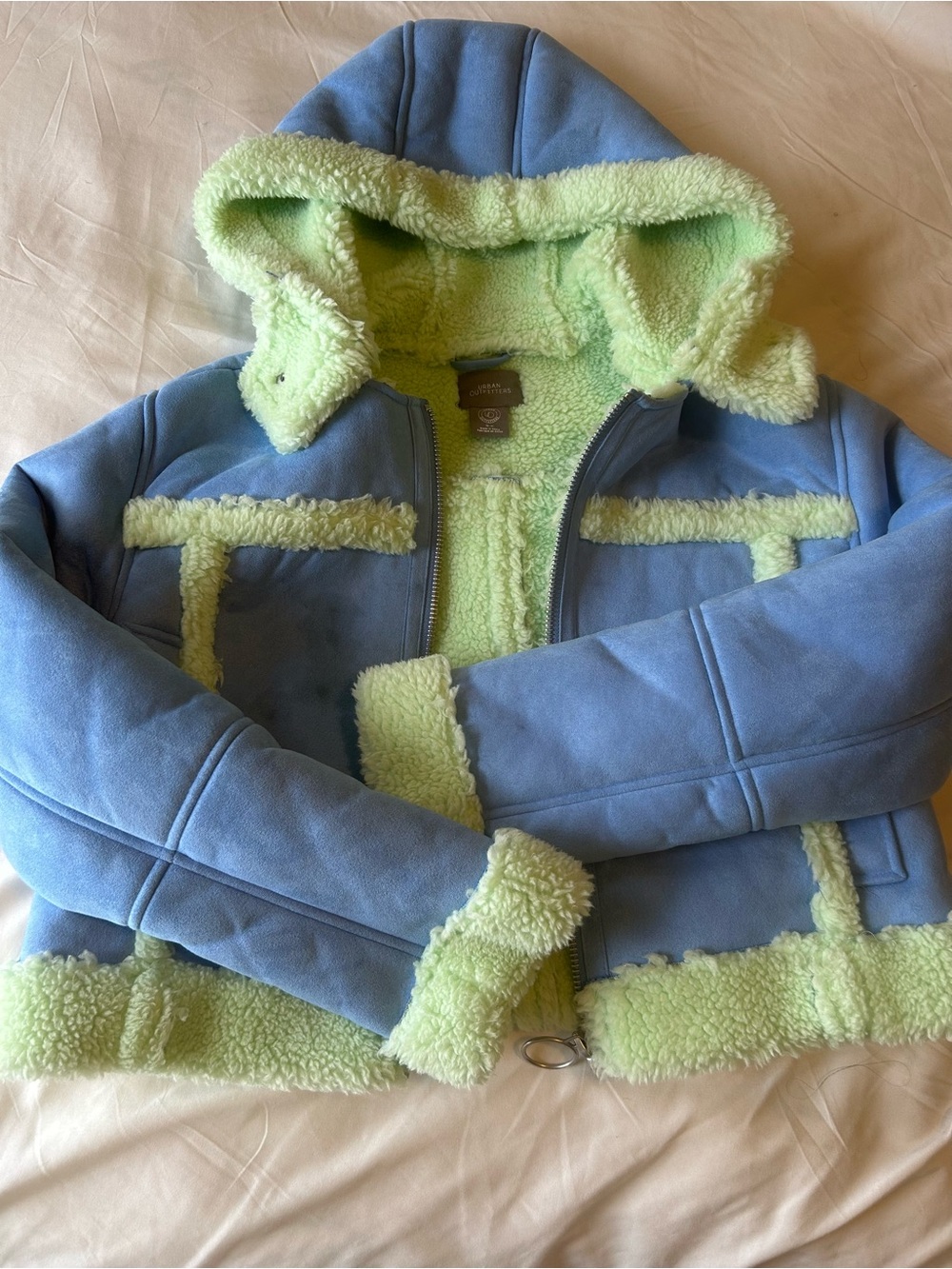 Urban Outfitters Light Blue Puffer Jacket with Lime Shearling